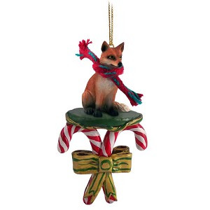Red Fox with Candy Canes Christmas Ornament – Hand-Painted Stone Resin