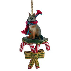 Gray Fox with Candy Canes Christmas Ornament – Hand-Painted Stone Resin