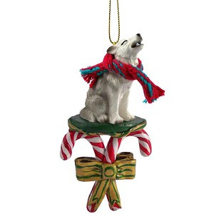 Gray Wolf with Candy Canes Christmas Ornament – Hand-Painted Stone Resin