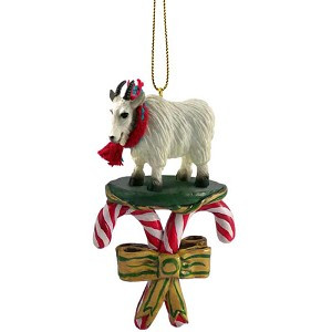 Mountain Goat with Candy Canes Christmas Ornament – Hand-Painted Stone Resin
