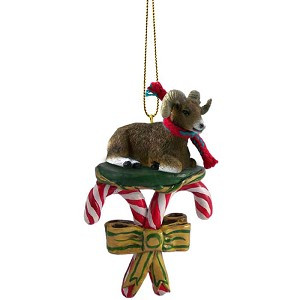 Big Horn Sheep with Candy Canes Christmas Ornament – Hand-Painted Stone Resin
