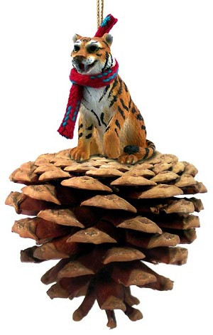 Bengal on Pinecone Christmas Ornament – Hand-Painted Stone Resin
