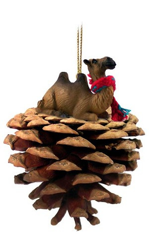 Bactrian Camel on Pinecone Christmas Ornament – Hand-Painted Stone Resin