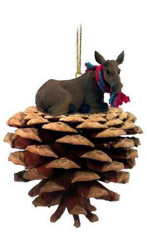Cow Moose on Pinecone Christmas Ornament – Hand-Painted Stone Resin