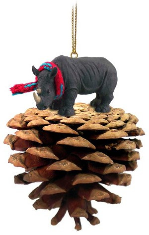 Rhinoceros on Pinecone Christmas Ornament – Hand-Painted Stone Resin