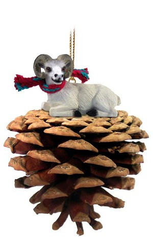 Dall Sheep on Pinecone Christmas Ornament – Hand-Painted Stone Resin