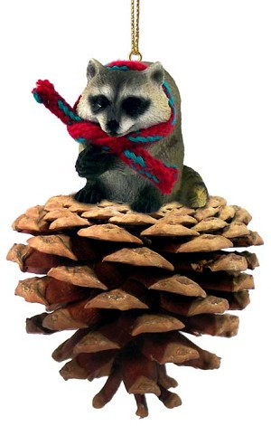 Raccoon on Pinecone Christmas Ornament – Hand-Painted Stone Resin