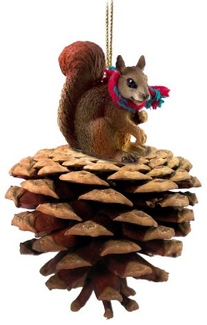 Red Squirrel on Pinecone Christmas Ornament – Hand-Painted Stone Resin