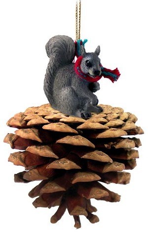 Gray Squirrel on Pinecone Christmas Ornament – Hand-Painted Stone Resin