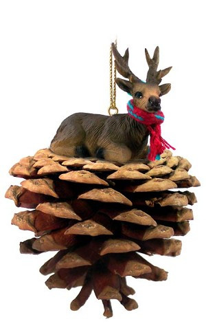 Bull Elk on Pinecone Christmas Ornament – Hand-Painted Stone Resin