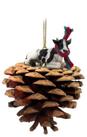 Black and White Holstein Bull on Pinecone Christmas Ornament – Hand-Painted Stone Resin