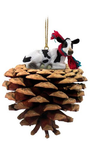 Black and White Holstein Cow on Pinecone Christmas Ornament – Hand-Painted Stone Resin
