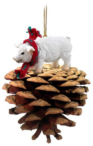 White Pig on Pinecone Christmas Ornament – Hand-Painted Stone Resin