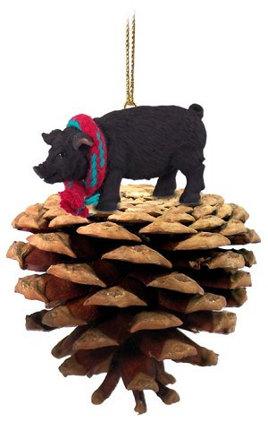 Black Pig on Pinecone Christmas Ornament – Hand-Painted Stone Resin