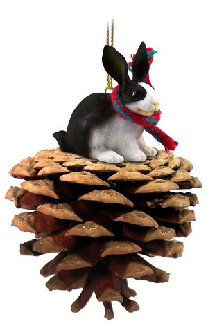 Black & White Rabbit on Pinecone Christmas Ornament – Hand-Painted Stone Resin