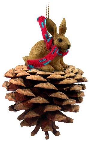 Brown Rabbit on Pinecone Christmas Ornament – Hand-Painted Stone Resin