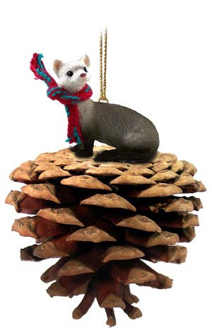 Ferret on Pinecone Christmas Ornament – Hand-Painted Stone Resin