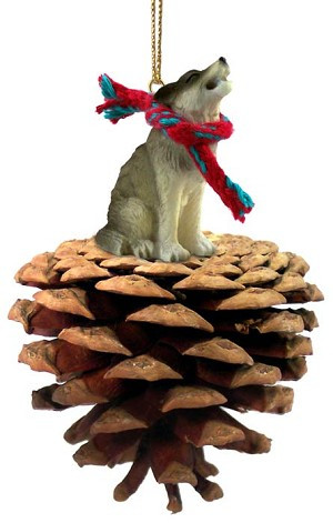 Timber Wolf on Pinecone Christmas Ornament – Hand-Painted Stone Resin