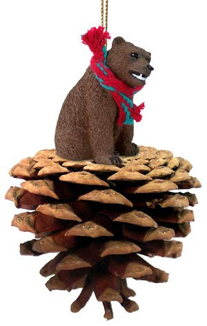 Grizzly Bear on Pinecone Christmas Ornament – Hand-Painted Stone Resin