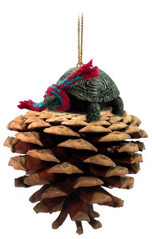 Turtle on Pinecone Christmas Ornament – Hand-Painted Stone Resin