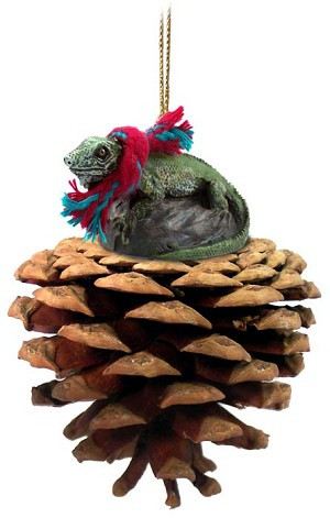 Iguana on Pinecone Christmas Ornament – Hand-Painted Stone Resin