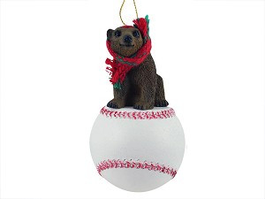 Brown Bear on Baseball Christmas Ornament – Hand-Painted Stone Resin