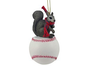Gray Squirrel on Baseball Christmas Ornament – Hand-Painted Stone Resin