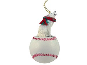 White Wolf on Baseball Christmas Ornament – Hand-Painted Stone Resin