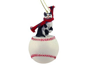 Black & White Shorthaired Tabby Cat on Baseball Christmas Ornament – Hand-Painted Stone Resin