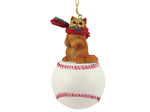 Red Persian Cat on Baseball Christmas Ornament – Hand-Painted Stone Resin