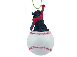 Black Poodle Dog on Baseball Christmas Ornament – Hand-Painted Stone Resin