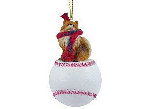 Red Pomeranian Dog on Baseball Christmas Ornament – Hand-Painted Stone Resin