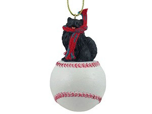 Black Pomeranian Dog on Baseball Christmas Ornament – Hand-Painted Stone Resin