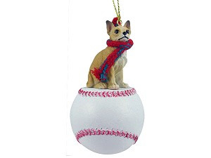 Tan & White Chihuahua Dog on Baseball Christmas Ornament – Hand-Painted Stone Resin