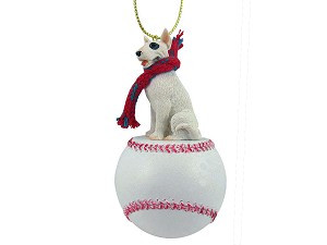 White Bull Terrier Dog on Baseball Christmas Ornament – Hand-Painted Stone Resin