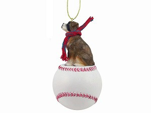 Brindle Uncropped Ears Boxer Dog on Baseball Christmas Ornament – Hand-Painted Stone Resin