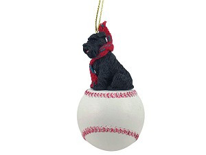 Black Uncropped Ears Schnauzer Dog on Baseball Christmas Ornament – Hand-Painted Stone Resin