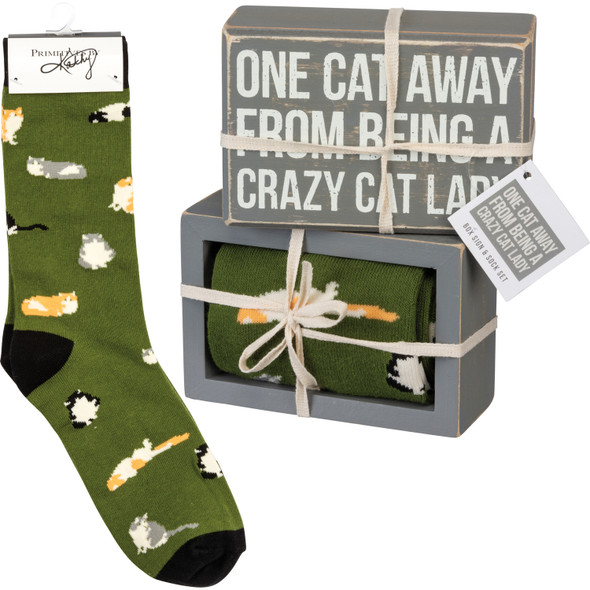 Decorative Box Sign & Pair of Socks Gift Set (One Cat Away From Being A Crazy Cat Lady) from Primitives by Kathy