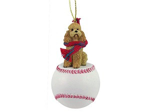 Apricot Sport Cut Poodle Dog on Baseball Christmas Ornament – Hand-Painted Stone Resin