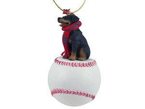 Black and tan Rottweiler Dog on Baseball Christmas Ornament – Hand-Painted Stone Resin