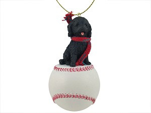 Black Cockapoo Dog on Baseball Christmas Ornament – Hand-Painted Stone Resin