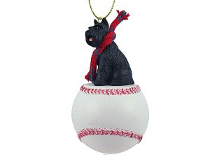 Black Schnauzer Dog on Baseball Christmas Ornament – Hand-Painted Stone Resin