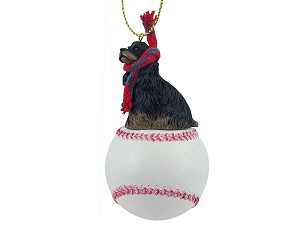 Black & Tan Cocker Spaniel Dog on Baseball Christmas Ornament – Hand-Painted Stone Resin