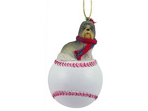 Mixed Color Shih Tzu Dog on Baseball Christmas Ornament – Hand-Painted Stone Resin