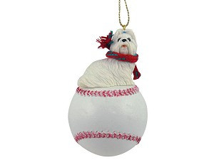 White Shih Tzu Dog on Baseball Christmas Ornament – Hand-Painted Stone Resin