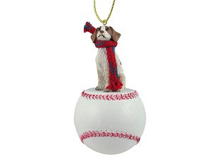 Brown & White Brittany Dog on Baseball Christmas Ornament – Hand-Painted Stone Resin