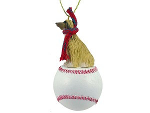 Tan & White Afghan Hound Dog on Baseball Christmas Ornament – Hand-Painted Stone Resin