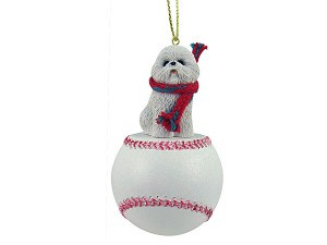 Bichon Frise Dog on Baseball Christmas Ornament – Hand-Painted Stone Resin