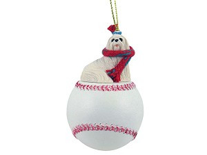 Maltese Dog on Baseball Christmas Ornament – Hand-Painted Stone Resin