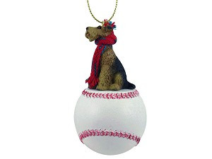 Airedale Dog on Baseball Christmas Ornament – Hand-Painted Stone Resin